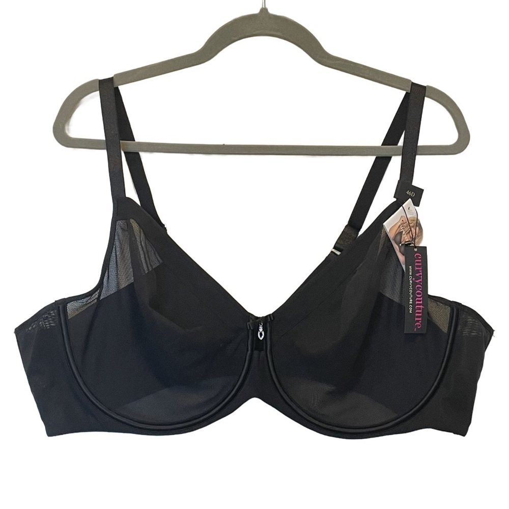 NWT Curvy Couture Sexy Black Sheer Mesh Plus Size Plunge Bra Brassiere Black 46D